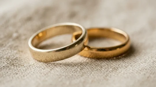 Nahaufnahme von zwei eleganten Goldringen unterschiedlicher Legierungen im natürlichen Tageslicht, die den Farbunterschied zwischen 585er und 750er Gold zeigen