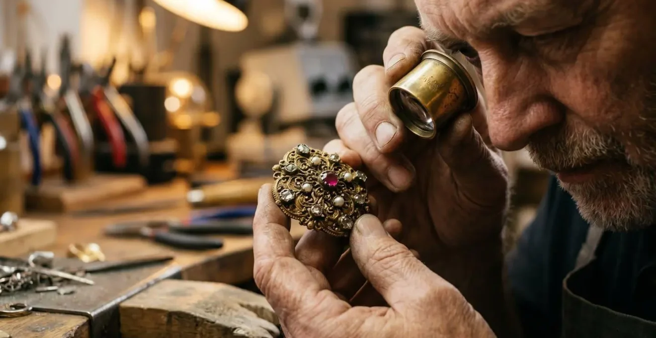 Makroaufnahme einer Feingehaltsanalyse von Altschmuck durch einen Goldschmied