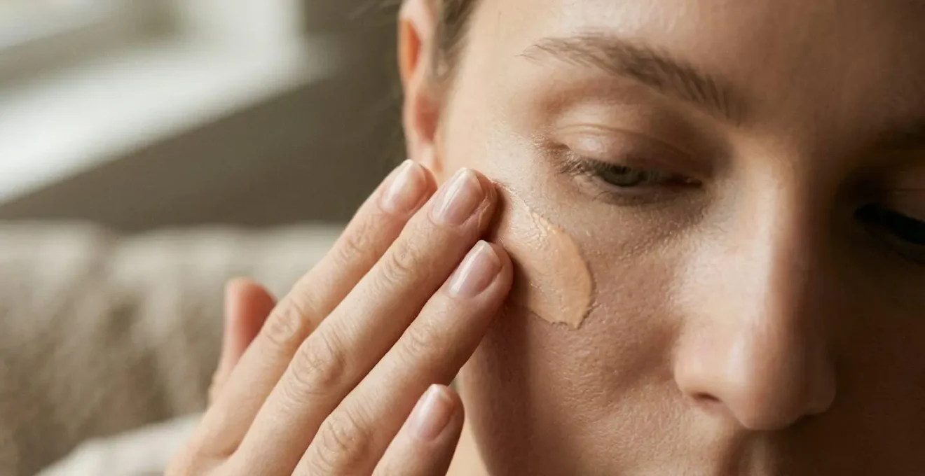 Nahaufnahme einer Hand, die sanft eine cremige getönte Textur auf die Wangenknochen aufträgt, mit natürlichem Licht und weicher Haut