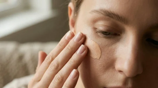 Nahaufnahme einer Hand, die sanft eine cremige getönte Textur auf die Wangenknochen aufträgt, mit natürlichem Licht und weicher Haut