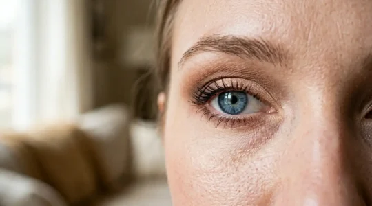 Nahaufnahme eines professionell geschminkten Auges mit braunem Smokey-Eye-Look für den Alltag