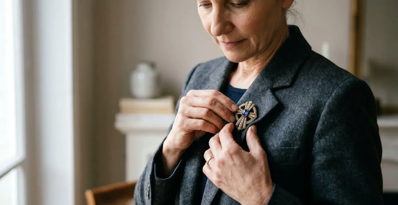 Detailaufnahme einer eleganten Vintage-Brosche an einem minimalistischen Blazer, die Vielseitigkeit und Upgrade-Potenzial zeigt