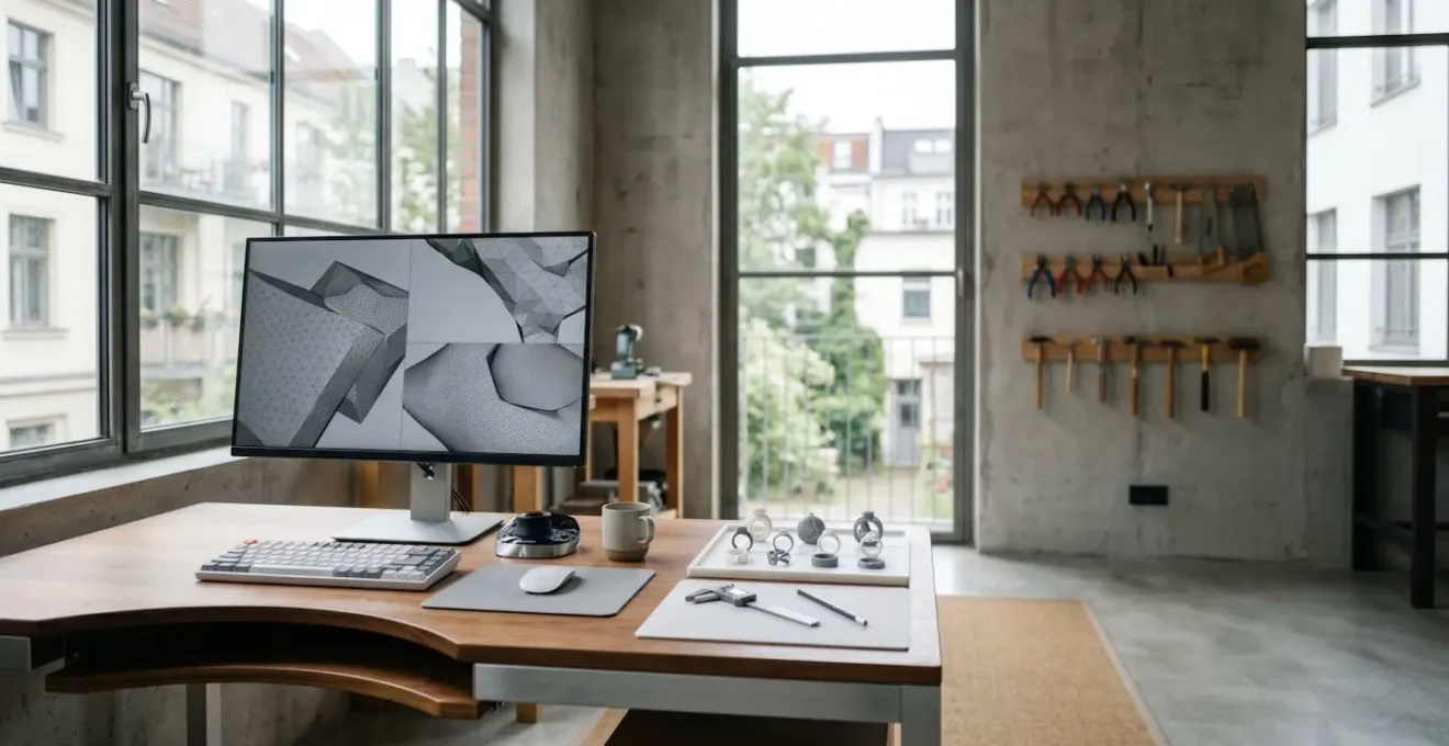 Weitwinkelaufnahme eines modernen CAD-Arbeitsplatzes in einer Goldschmiede-Werkstatt