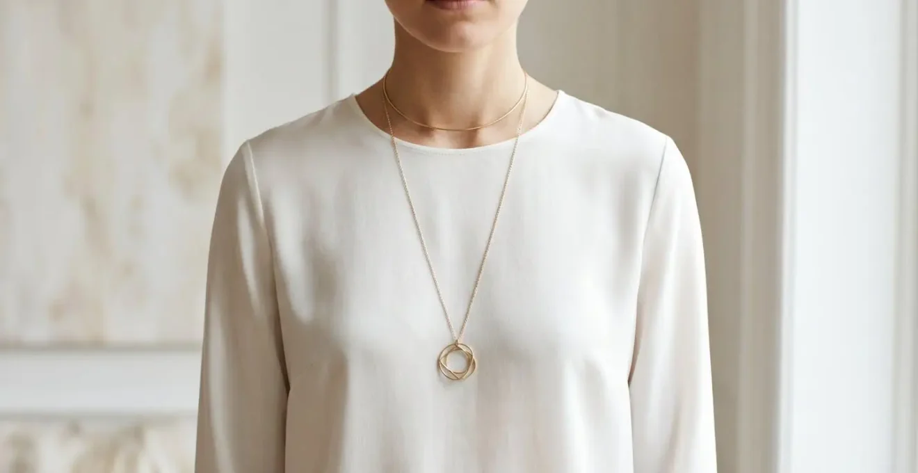 Eleganter Layering-Look mit Choker und langer Kette nach der Drittel-Regel arrangiert