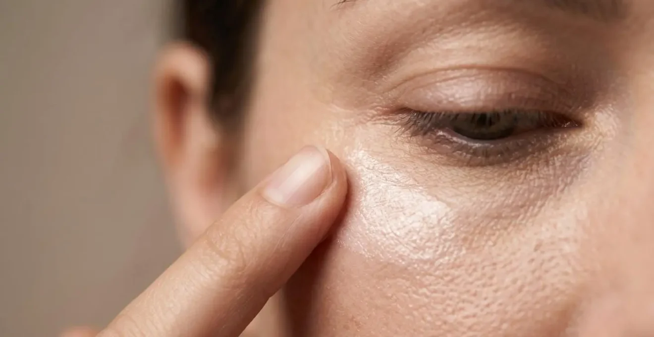 Nahaufnahme von Creme-Highlighter-Textur die sanft in die Haut einzieht ohne Fältchen zu betonen