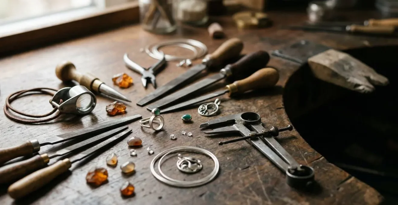 Meisterhafte Goldschmiedearbeit in traditioneller deutscher Werkstatt mit historischen Werkzeugen und zeitgenössischen Schmuckstücken