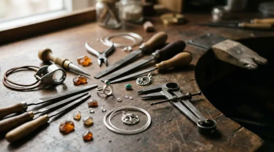 Meisterhafte Goldschmiedearbeit in traditioneller deutscher Werkstatt mit historischen Werkzeugen und zeitgenössischen Schmuckstücken