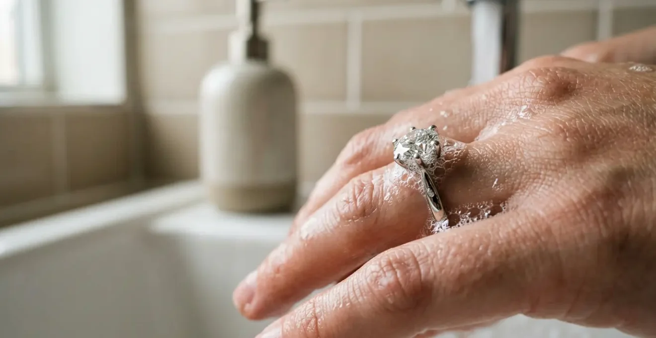 Diamantring an der Hand mit Seifenlauge beim Händewaschen - Nahaufnahme der Fassung