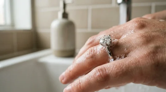 Diamantring an der Hand mit Seifenlauge beim Händewaschen - Nahaufnahme der Fassung