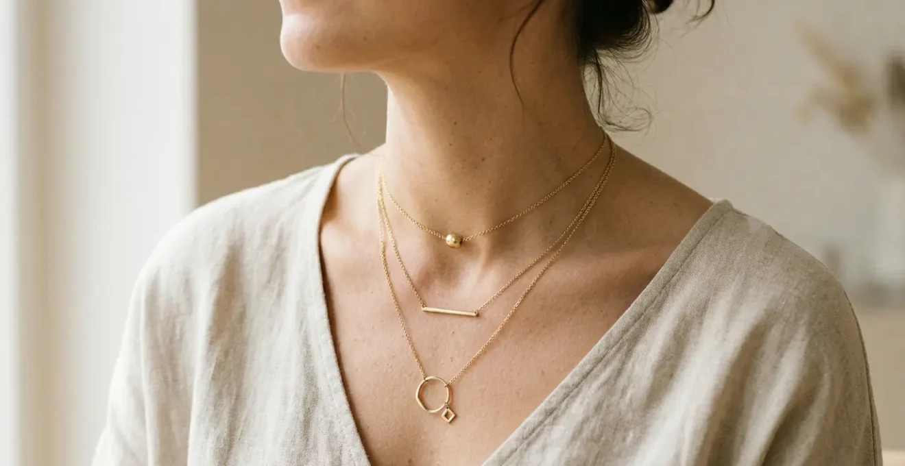 Drei Halsketten in verschiedenen Längen elegant am Dekolleté arrangiert ohne Verheddern