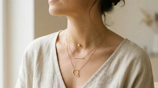 Drei Halsketten in verschiedenen Längen elegant am Dekolleté arrangiert ohne Verheddern