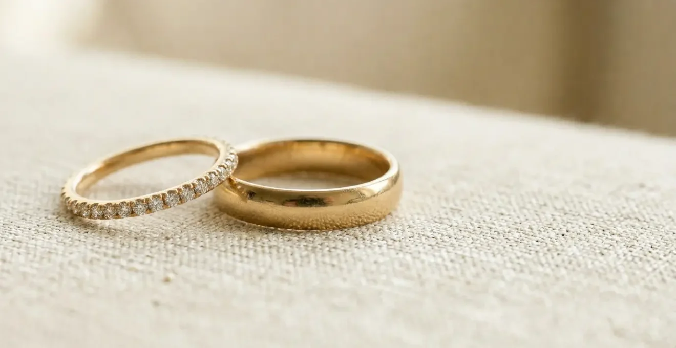Nahaufnahme von eleganten Eheringen auf neutralem Hintergrund, die Komfort und zeitlose Eleganz symbolisieren