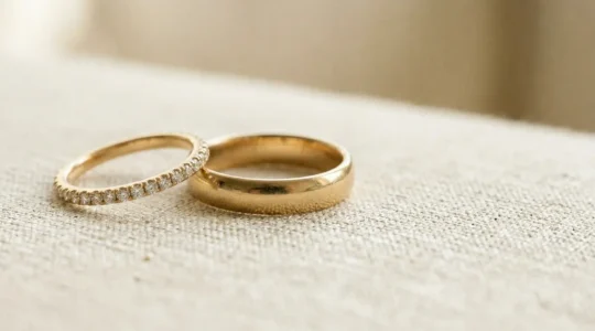 Nahaufnahme von eleganten Eheringen auf neutralem Hintergrund, die Komfort und zeitlose Eleganz symbolisieren