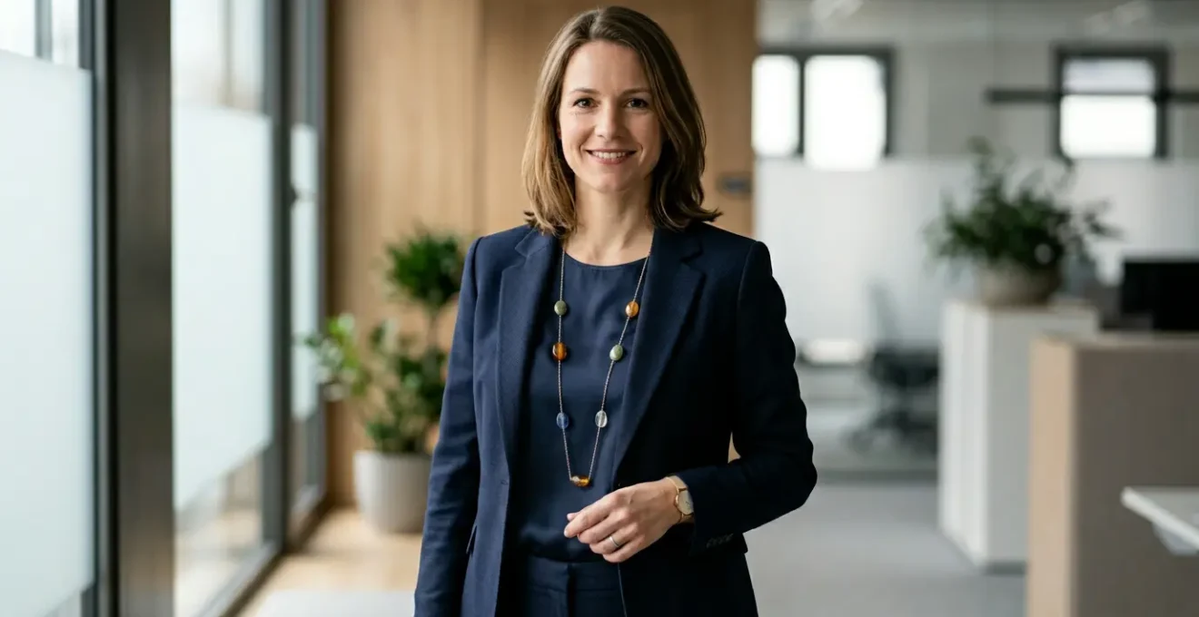 Professionelle Frau trägt eine lange Edelsteinkette im Büro-Outfit, eleganter minimalistischer Stil