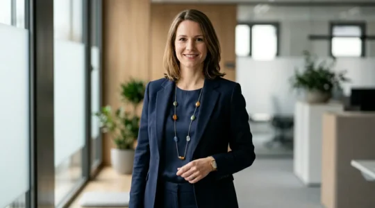 Professionelle Frau trägt eine lange Edelsteinkette im Büro-Outfit, eleganter minimalistischer Stil