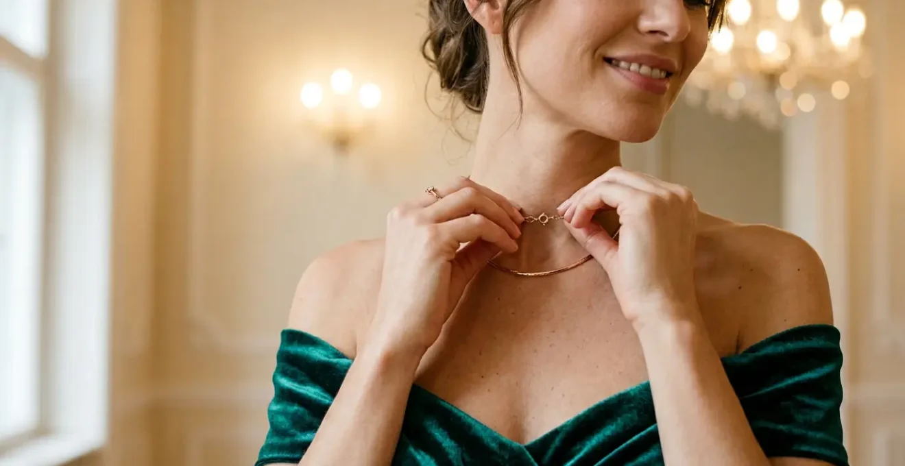 Elegantes Collier zu schulterfreiem Abendkleid das Gesicht betont