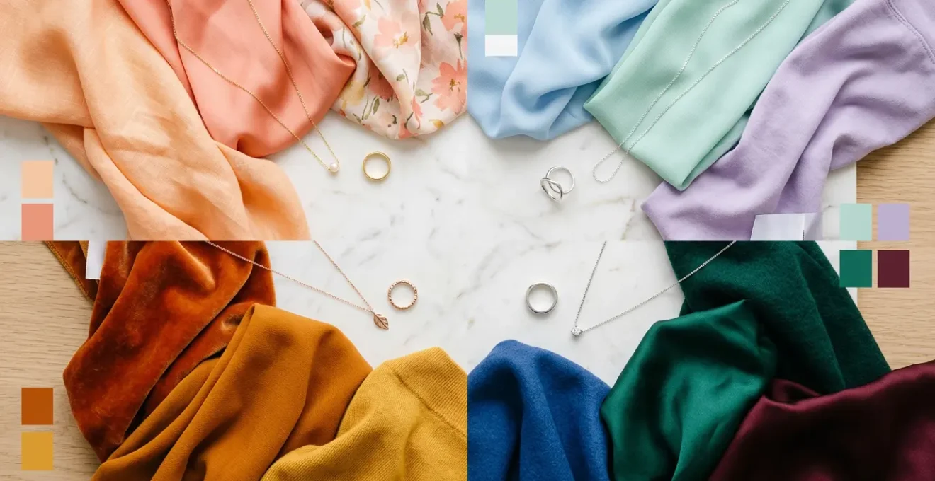 Professionelle Farbtyp-Analyse mit verschiedenen Schmuckmetallen und Farbproben für Frühling, Sommer, Herbst und Winter