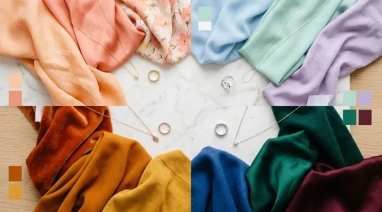 Professionelle Farbtyp-Analyse mit verschiedenen Schmuckmetallen und Farbproben für Frühling, Sommer, Herbst und Winter