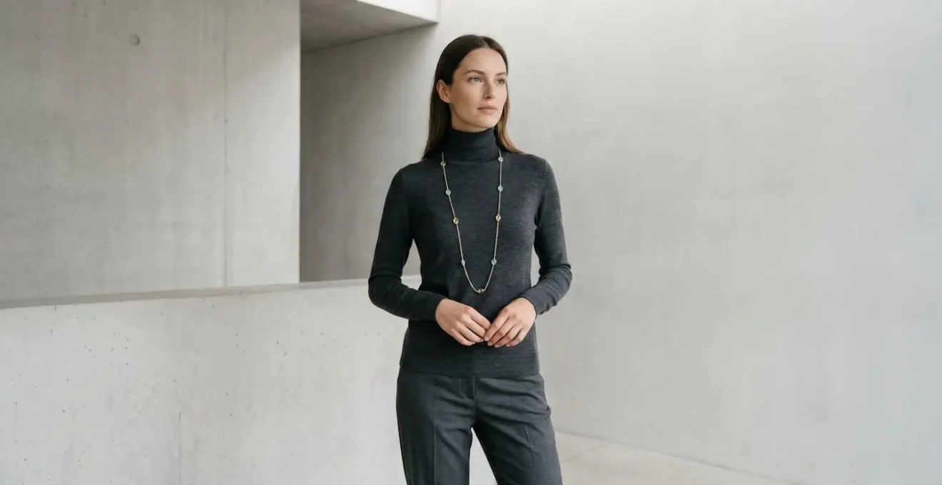 Filigrane lange Edelsteinkette auf monochromen Outfit, vertikale Linie schafft optische Streckung