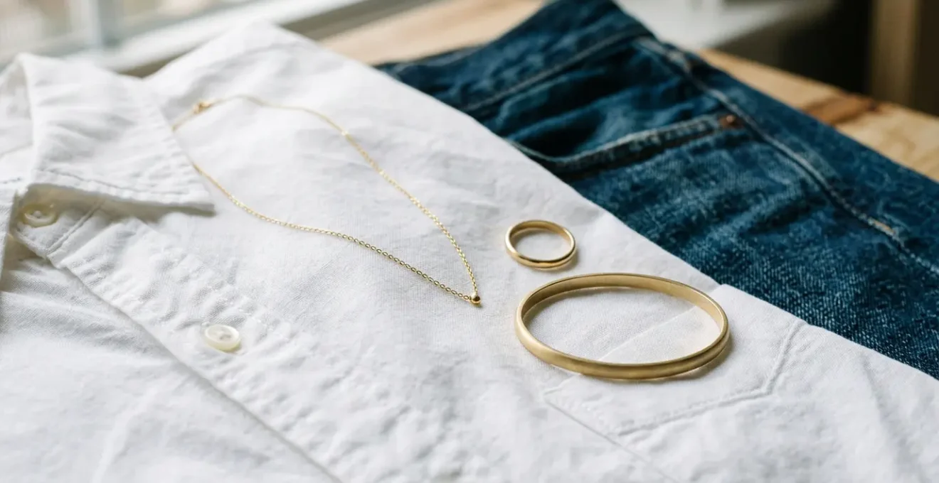 Moderne Gelbgoldschmuckstücke auf weißem Hemd mit minimalistischer Ästhetik