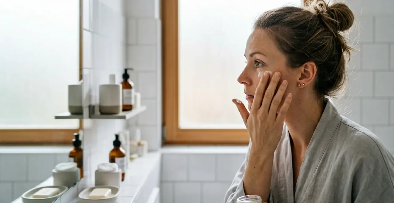 Frau mit frischer Augenpartie bereitet sich morgens auf wichtigen Termin vor