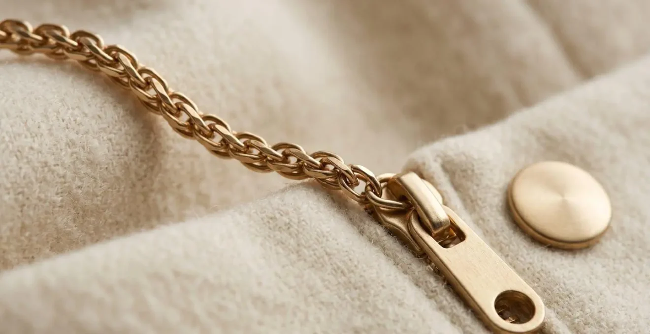 Nahaufnahme von harmonisch abgestimmten Metalldetails an Kleidung und Schmuck in Gold oder Silber