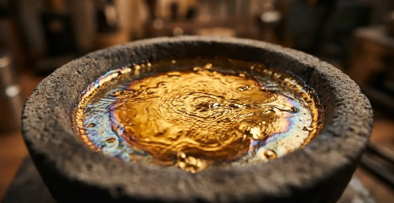 Detailaufnahme von recyceltem Gold in nachhaltigem Schmelzprozess