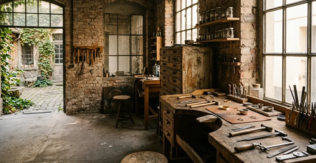 Goldschmiedewerkstatt in verstecktem Hinterhof-Atelier mit Werkbank und handwerklichen Werkzeugen
