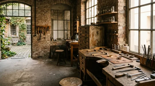 Goldschmiedewerkstatt in verstecktem Hinterhof-Atelier mit Werkbank und handwerklichen Werkzeugen