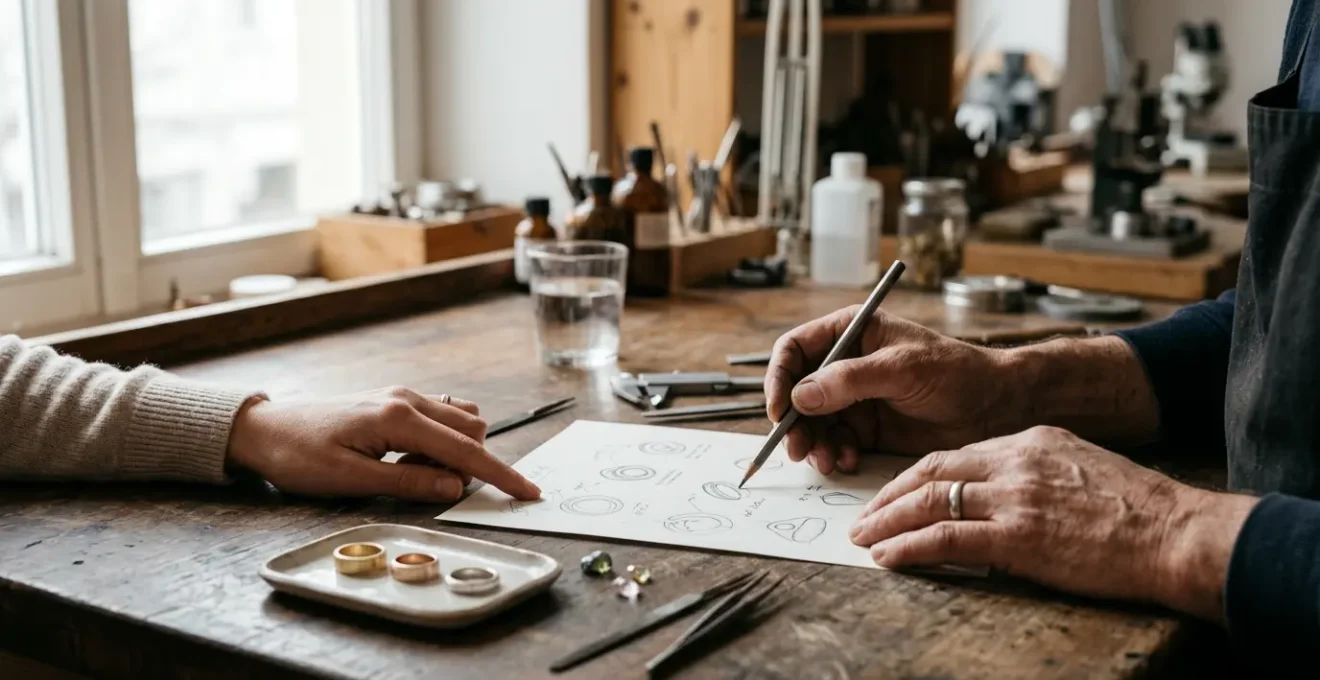 Detailaufnahme eines Goldschmieds im Beratungsgespräch mit Kunden beim Schmuckdesign-Prozess