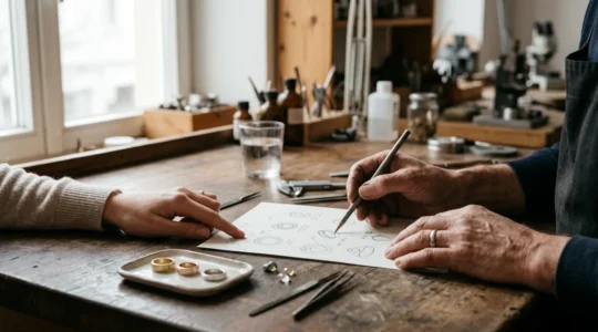 Detailaufnahme eines Goldschmieds im Beratungsgespräch mit Kunden beim Schmuckdesign-Prozess