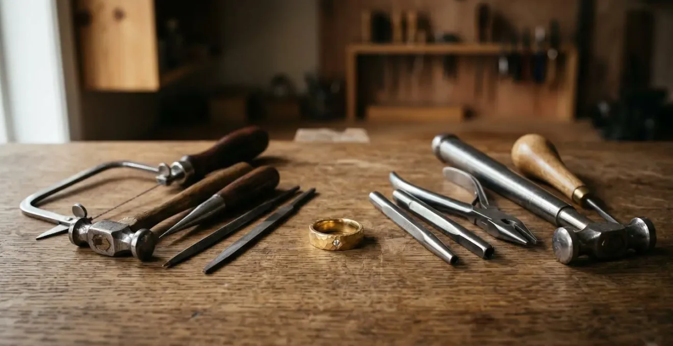 Symbolische Nahaufnahme von Goldschmied-Werkzeugen und handgefertigtem Schmuckstück