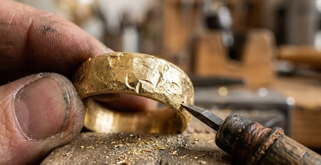 Extreme Nahaufnahme der filigranen Goldschmiedearbeit an einem Verlobungsring