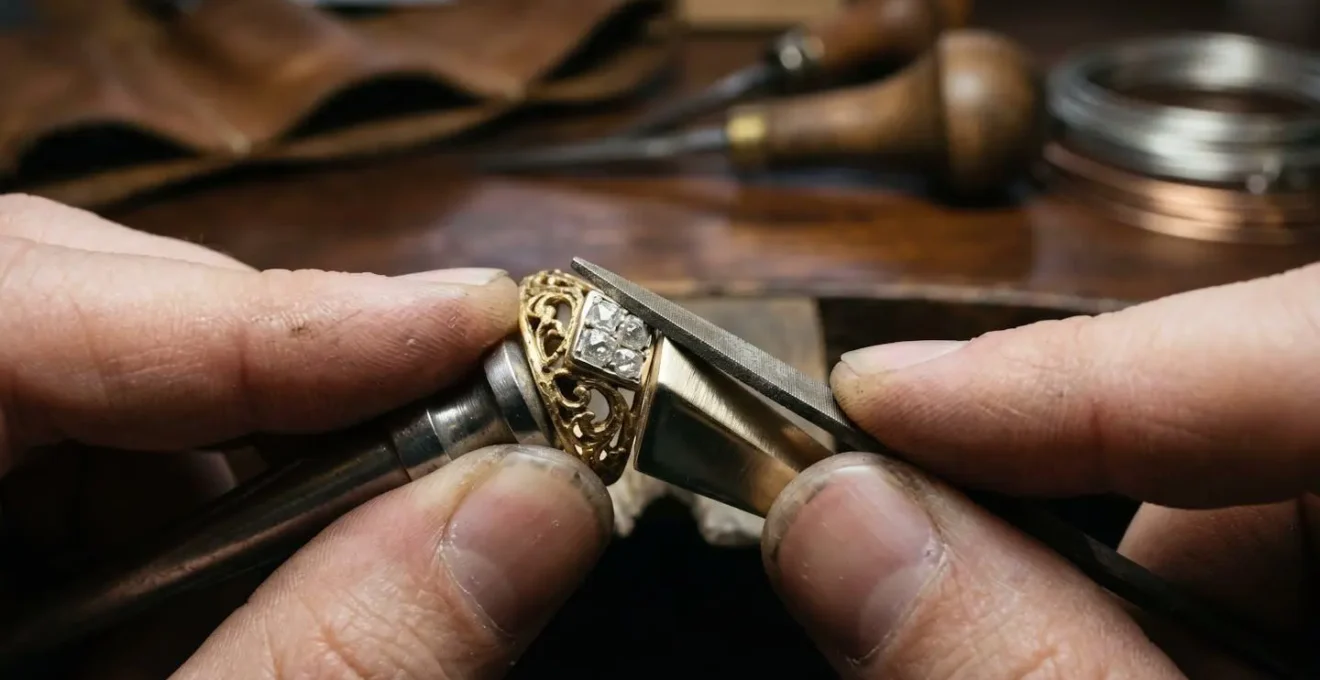 Detailaufnahme einer Goldschmiedin bei der Umarbeitung eines alten Schmuckstücks in ein neues Design
