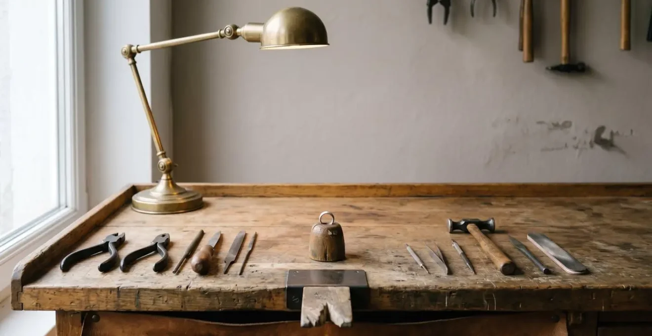 Goldschmiedewerkstatt mit traditionellen Werkzeugen und Arbeitsplatz für präzise Reparaturarbeiten an handgefertigtem Schmuck