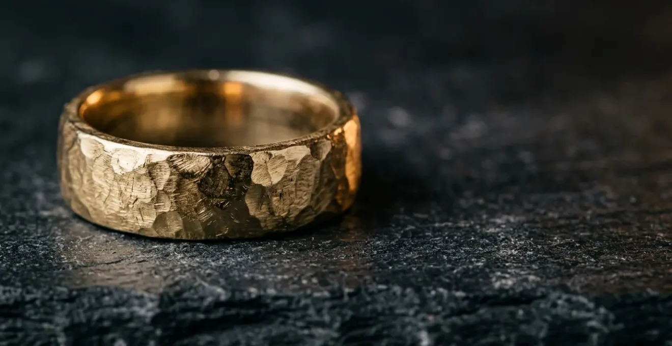 Nahaufnahme eines handgeschmiedeten Goldringes mit feiner Oberflächentextur und natürlichem Lichtspiel