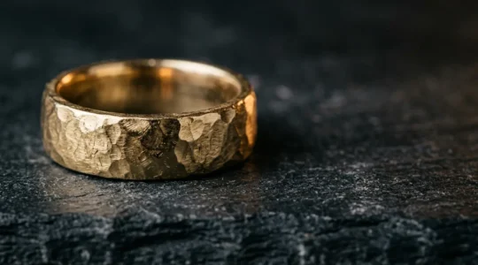 Nahaufnahme eines handgeschmiedeten Goldringes mit feiner Oberflächentextur und natürlichem Lichtspiel