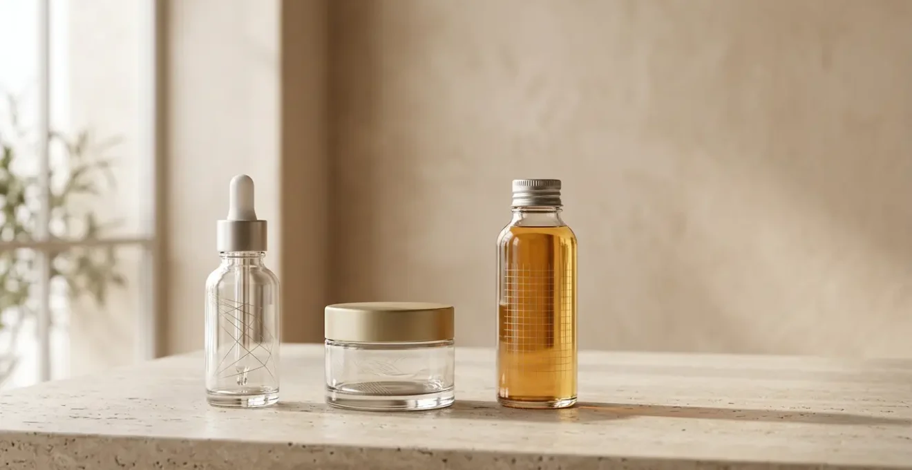Nahaufnahme von Hautpflegeprodukten in eleganter Anordnung mit natürlichem Licht und minimalistischer Ästhetik