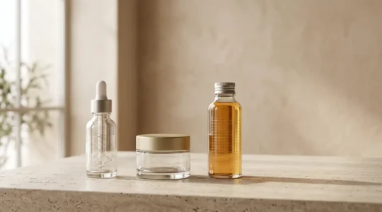 Nahaufnahme von Hautpflegeprodukten in eleganter Anordnung mit natürlichem Licht und minimalistischer Ästhetik