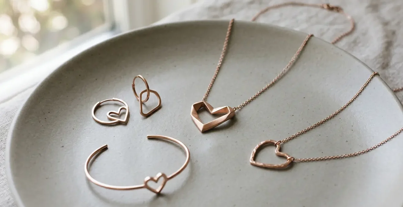 Moderne Herzschmuck-Komposition auf elegantem minimalem Hintergrund