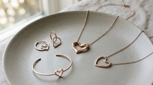 Moderne Herzschmuck-Komposition auf elegantem minimalem Hintergrund