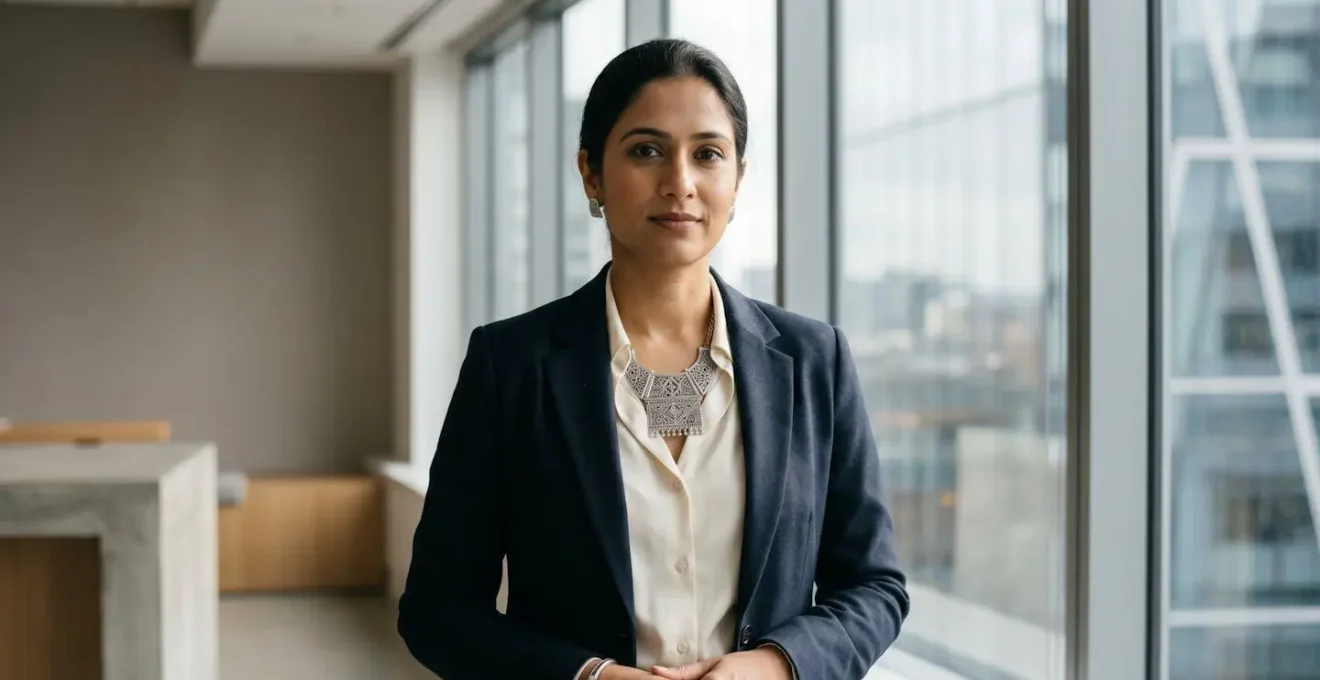 Professionelle Anwältin mit auffälligem ethnischen Schmuckstück kombiniert mit elegantem Businessoutfit
