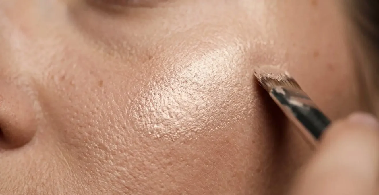 Detailaufnahme der präzisen Highlighter-Platzierung auf dem Wangenknochen für runde Gesichtsformen