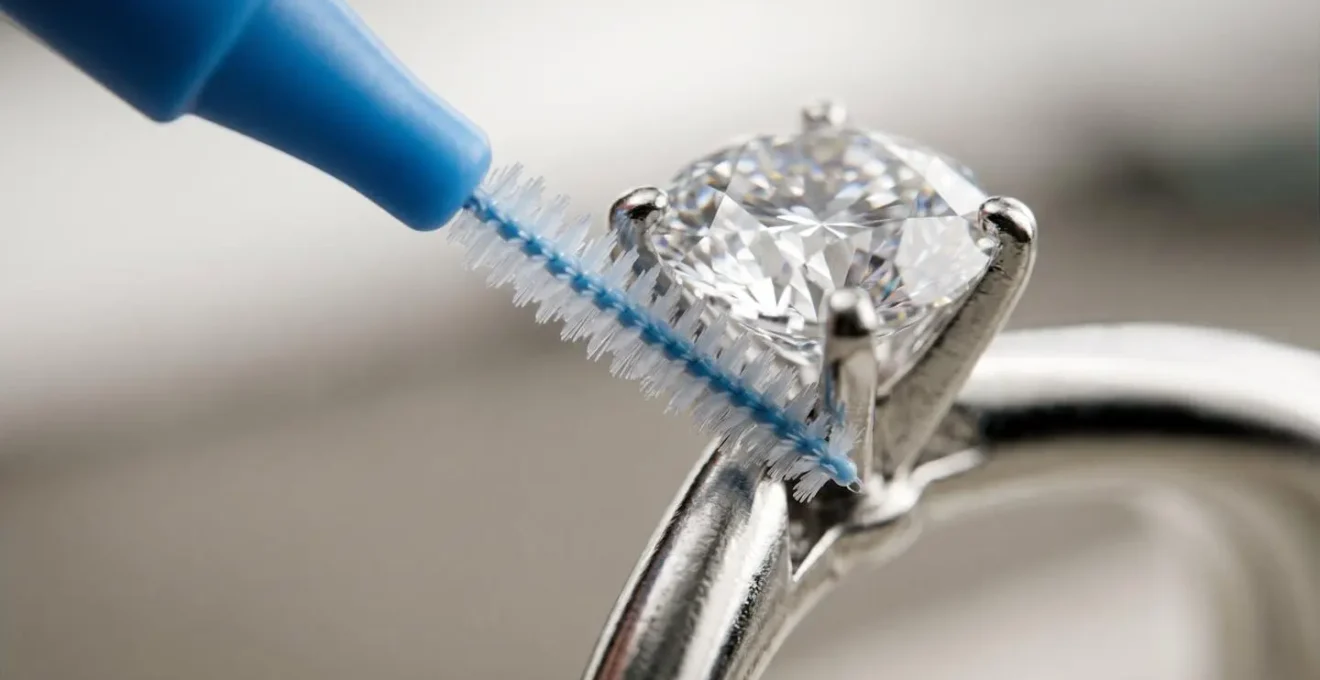 Weiche Interdentalbürste reinigt vorsichtig die Fassung eines Diamantrings - Makroaufnahme