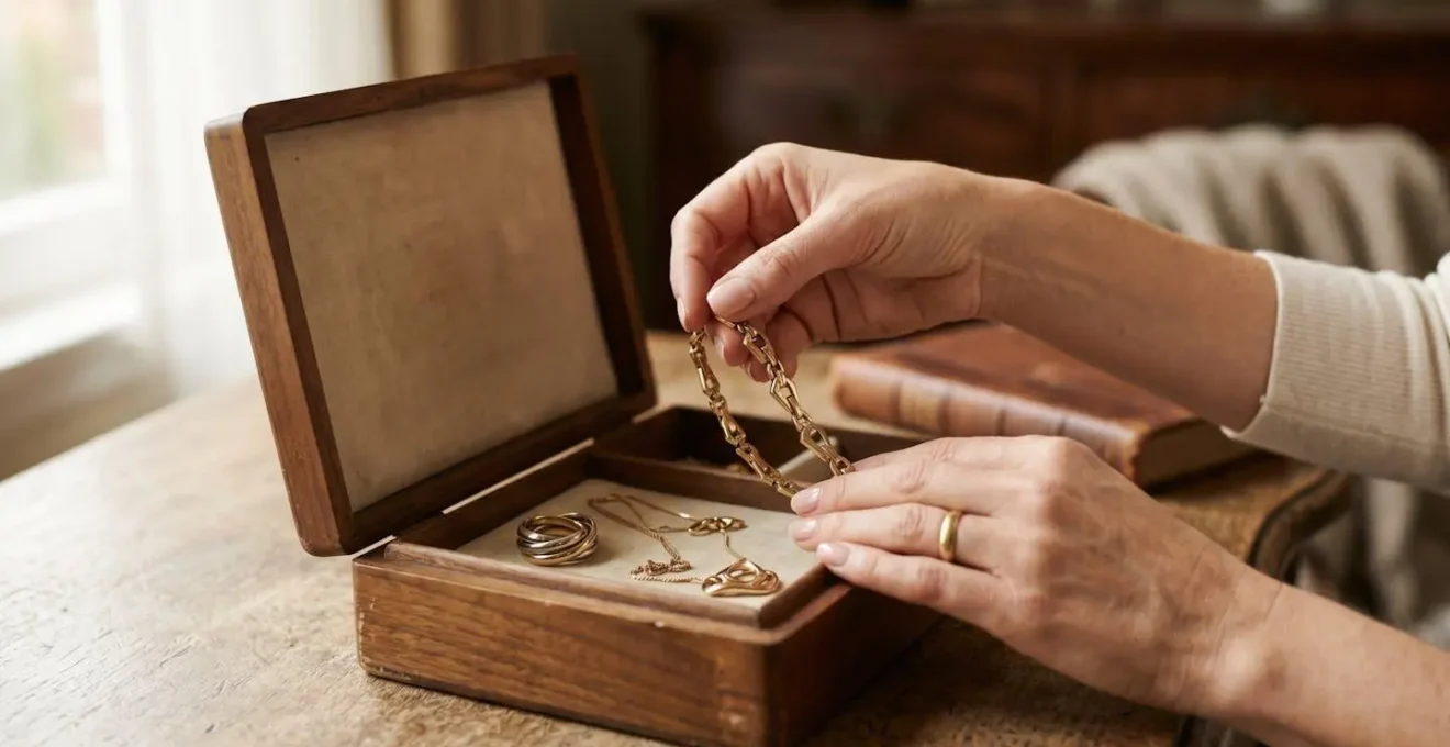 Eine edle Schmuckschatulle aus Holz mit Vintage-Schmuckstücken von Luxusmarken, die ihren Wert über Jahrzehnte behalten haben