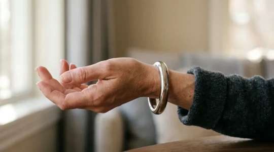 Nahaufnahme eines massiven Platinarmreifs am Handgelenk mit natürlichem Licht und eleganter Ausstrahlung