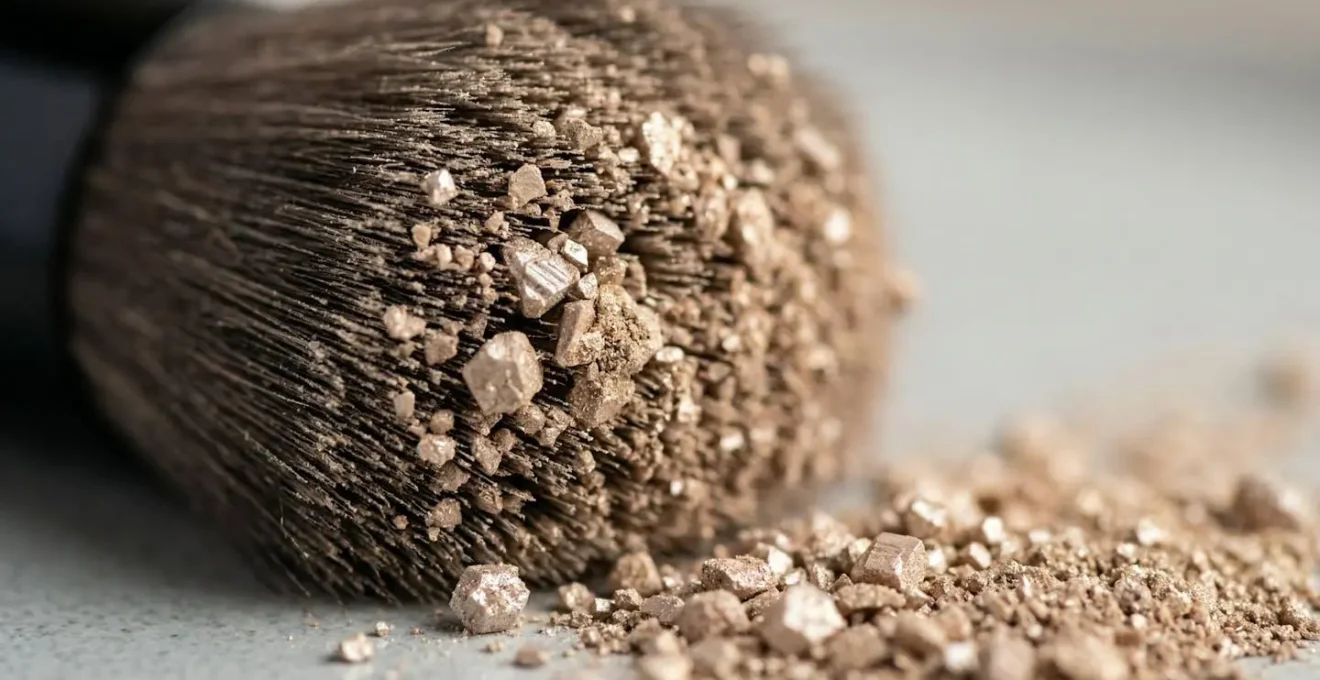 Nahaufnahme von natürlichem Mineralpuder mit zartem Pinsel auf empfindlicher Haut