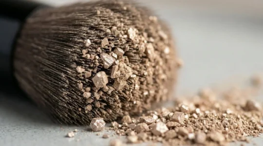 Nahaufnahme von natürlichem Mineralpuder mit zartem Pinsel auf empfindlicher Haut