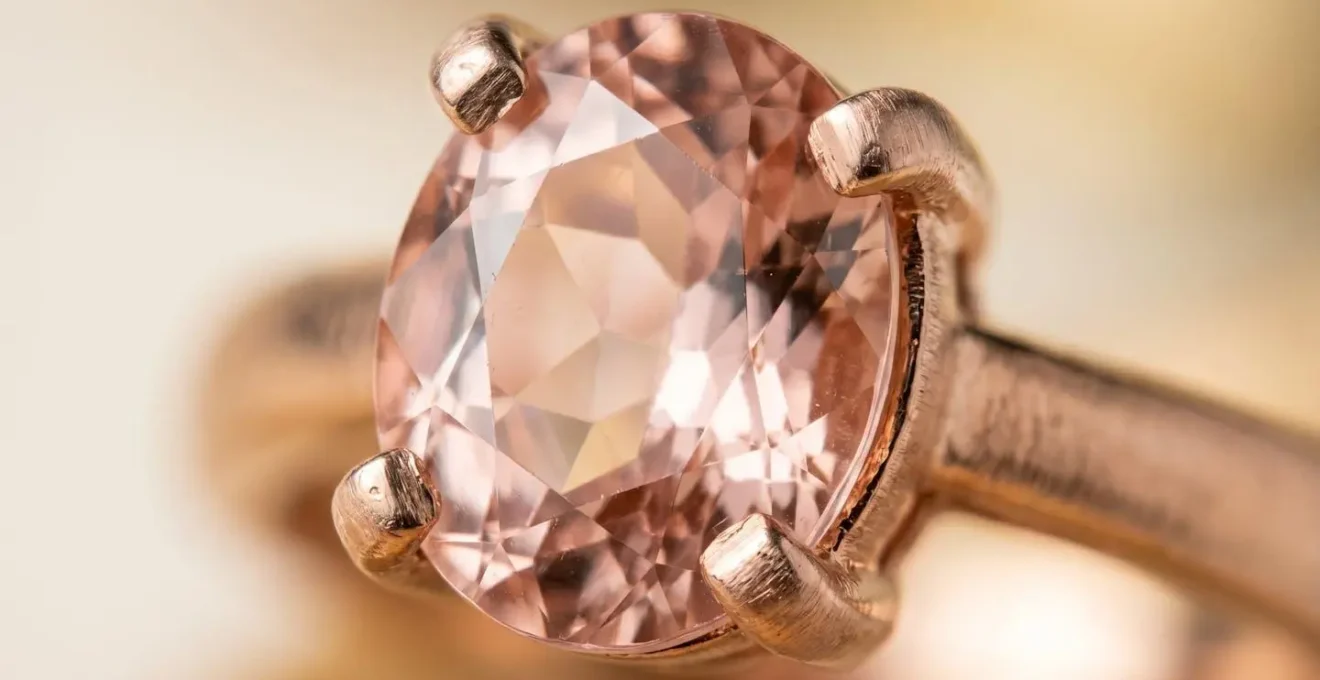 Extreme Nahaufnahme eines Morganit-Edelsteins in Roségold-Fassung mit sichtbaren Texturen