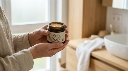 Frau betrachtet Naturkosmetik-Produkte mit Siegel in deutscher Drogerie